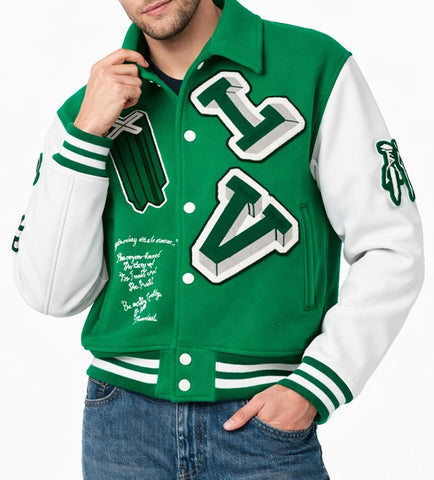 A man wearing a green and white varsity jacket with large 3D-style 'HV' letters on the front, white sleeves, and green striped ribbed cuffs and hem.