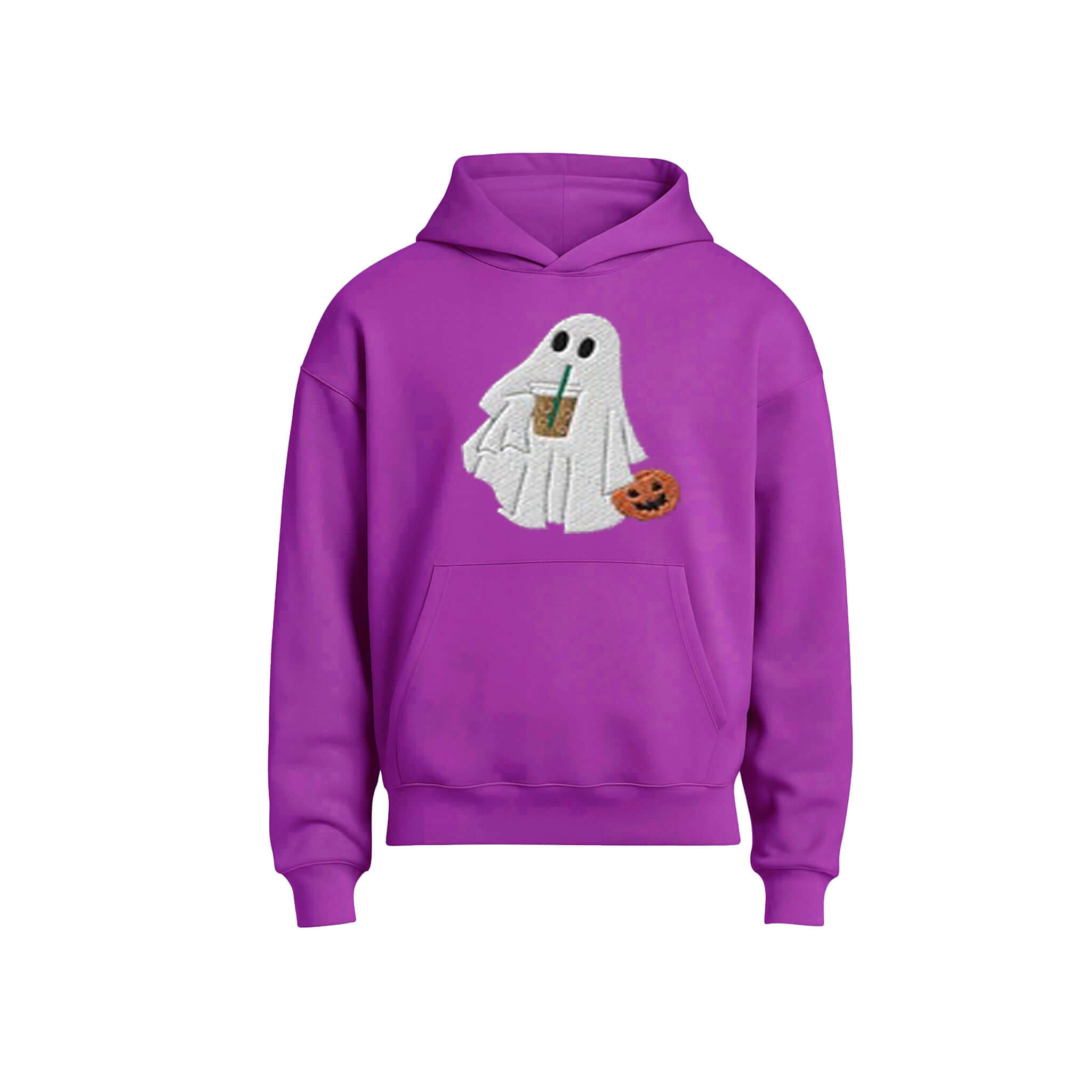 A purple pullover hoodie featuring a graphic of a white ghost holding a pumpkin and a drink, displayed on a solid white background.
