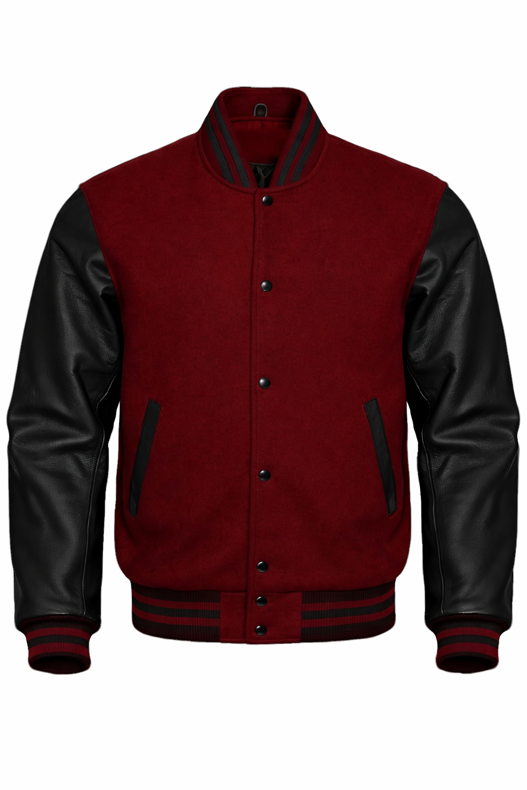 A varsity-style jacket with Maroon wool body and black leather sleeves, featuring a snap-button front, ribbed collar and cuffs, and black side pocket panels.