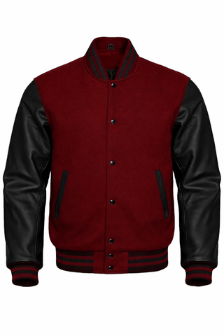 A varsity-style jacket with Maroon wool body and black leather sleeves, featuring a snap-button front, ribbed collar and cuffs, and black side pocket panels.