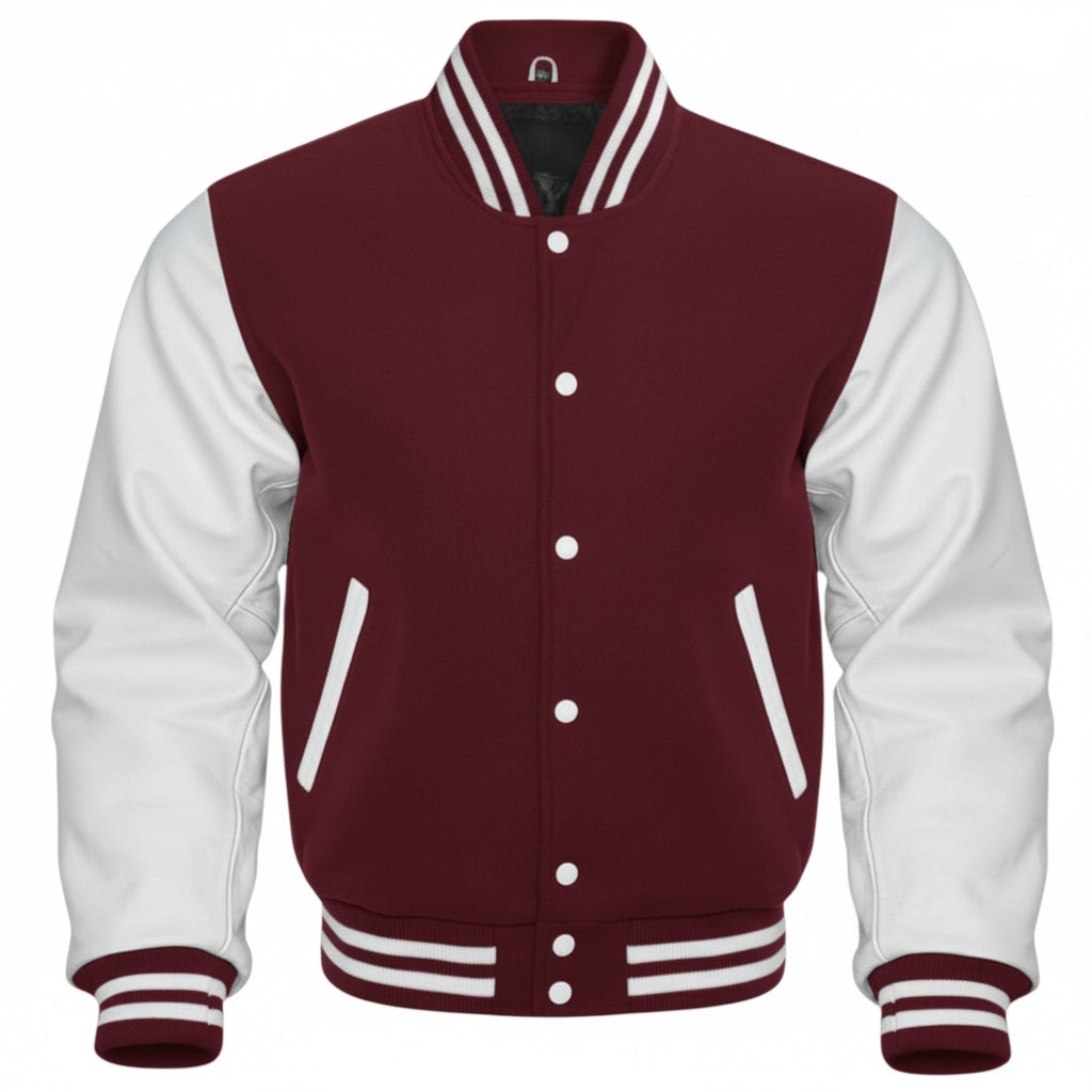 A varsity-style jacket with a Maroon body and white sleeves, featuring white buttons, white striped ribbed collar, cuffs, and hem, shown on a plain white background.