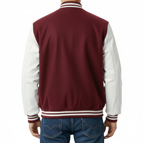 Maroon and white varsity jacket worn by a person on a white background