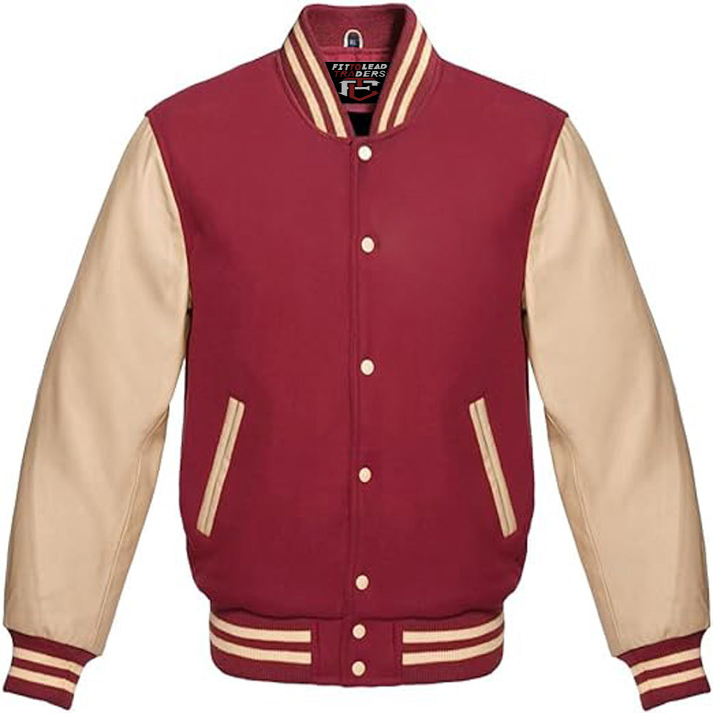 Classic Wool Varsity Jacket with Cream Leather Sleeves