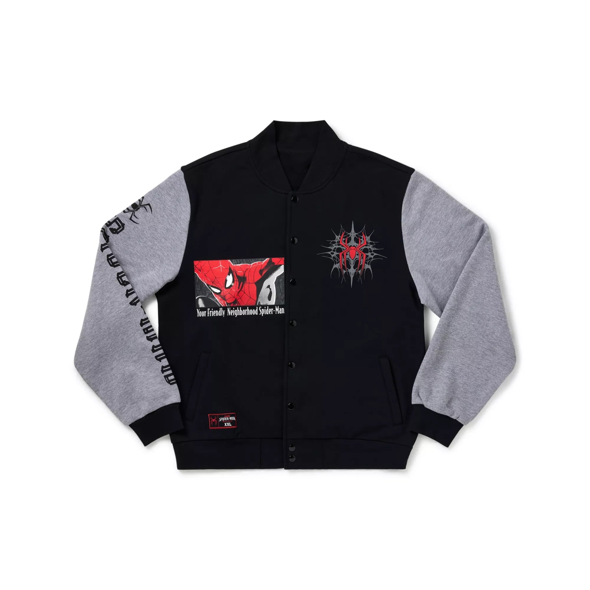 A black and gray varsity-style jacket with graphic prints, featuring a red and black character print on the left chest, a red and black logo on the right chest, and gothic text on the right sleeve.