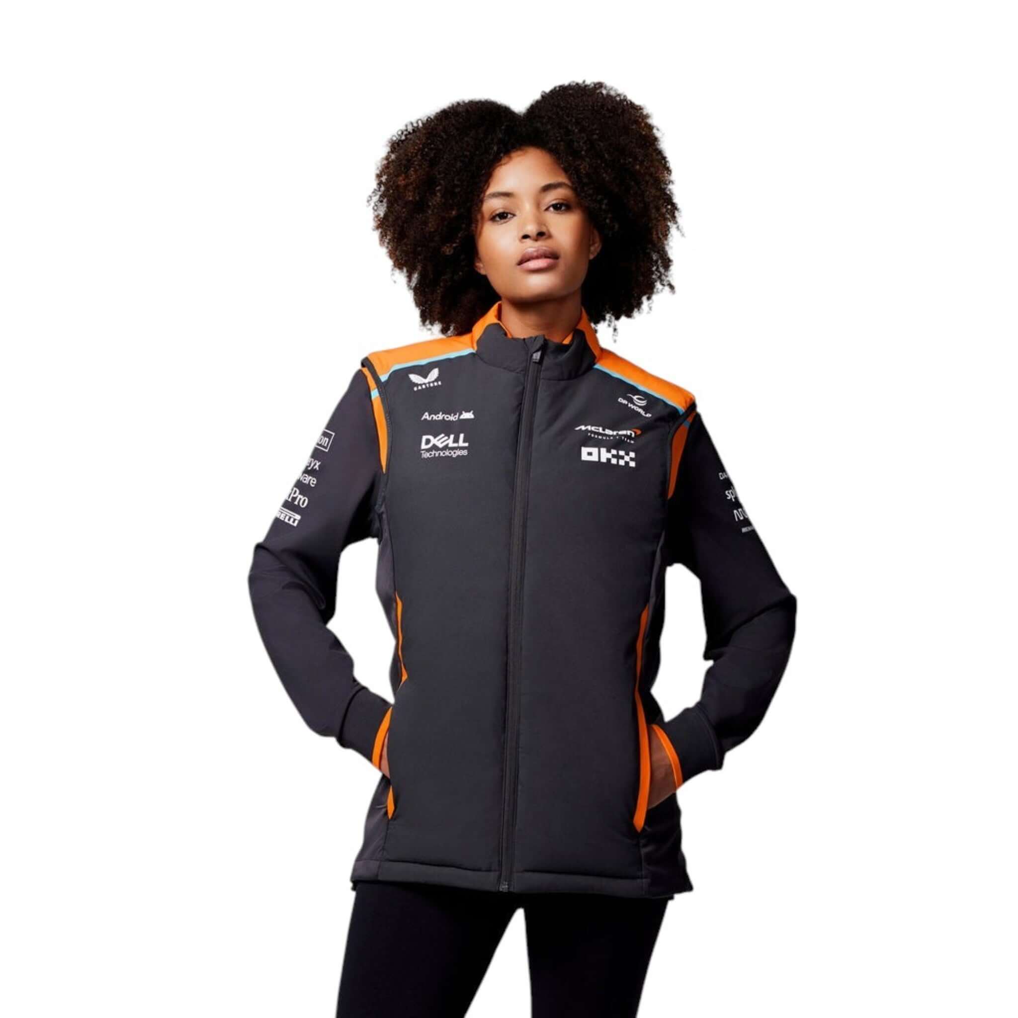 McLaren Racing Hybrid Vest Phantom 2024 Edition worn by a model, showcasing style and performance for motorsport fans.