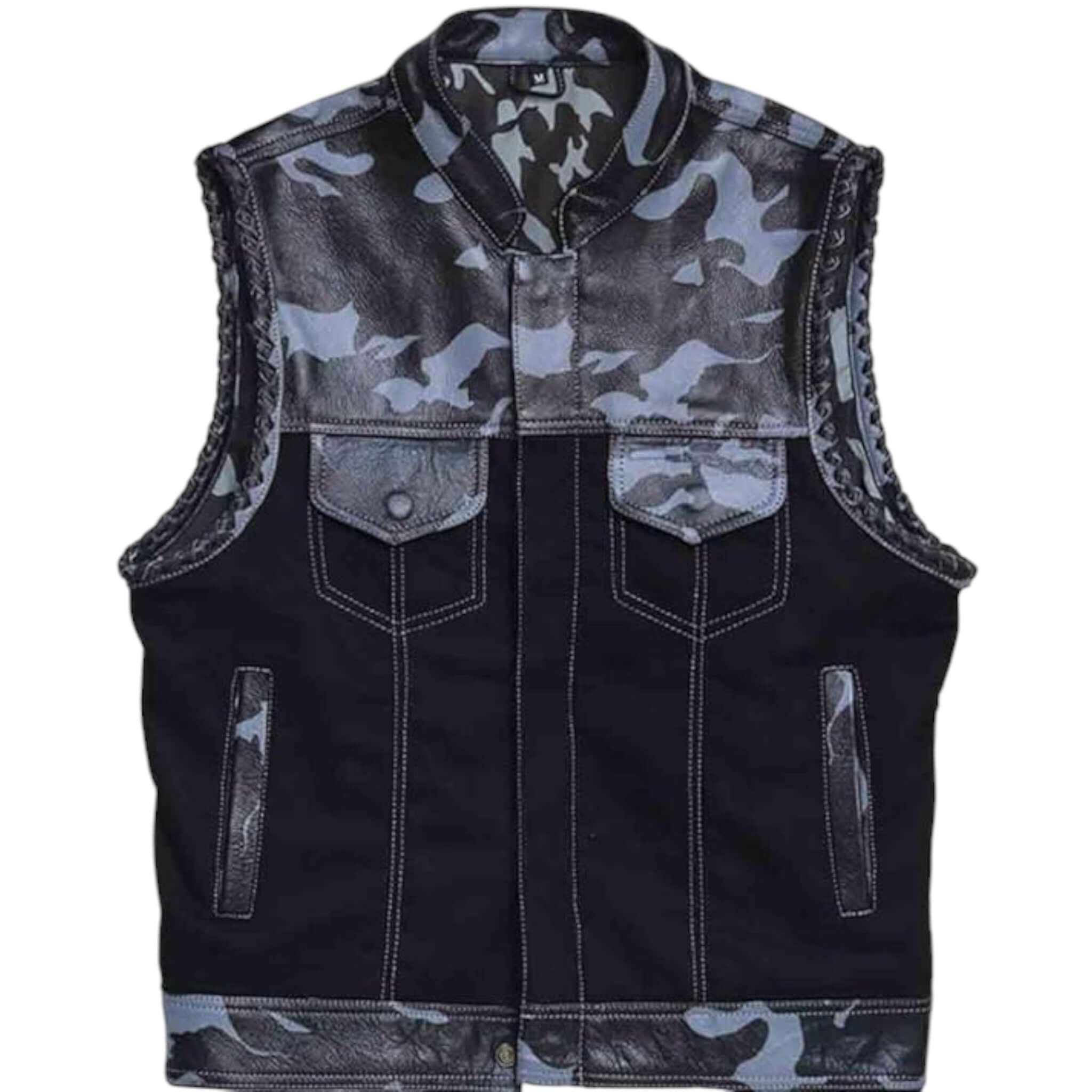 Men Camo Leather & Textile Sleeveless Motorcycle Vest