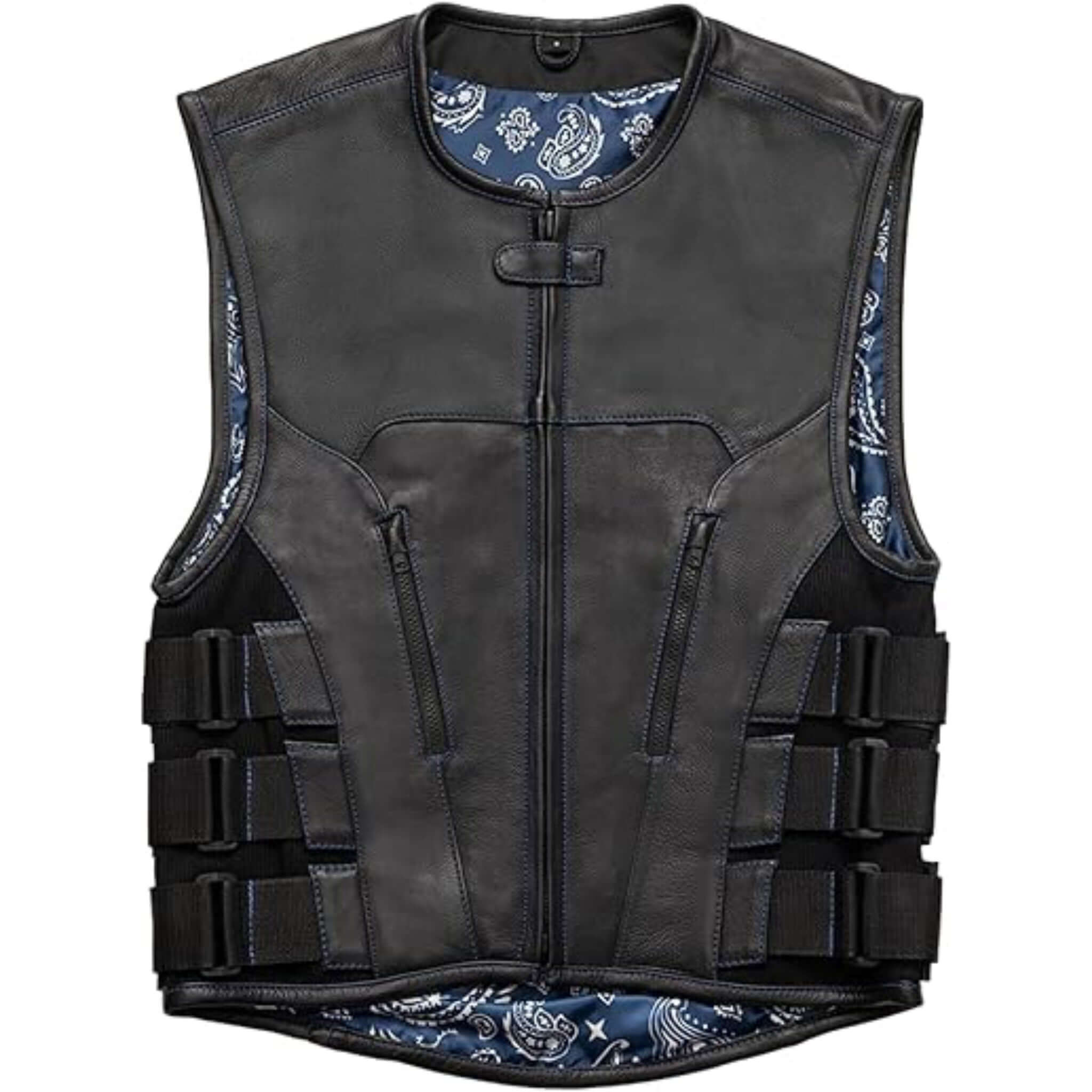 Men Riding Club Style Tactical Leather Motorcycle Vest 