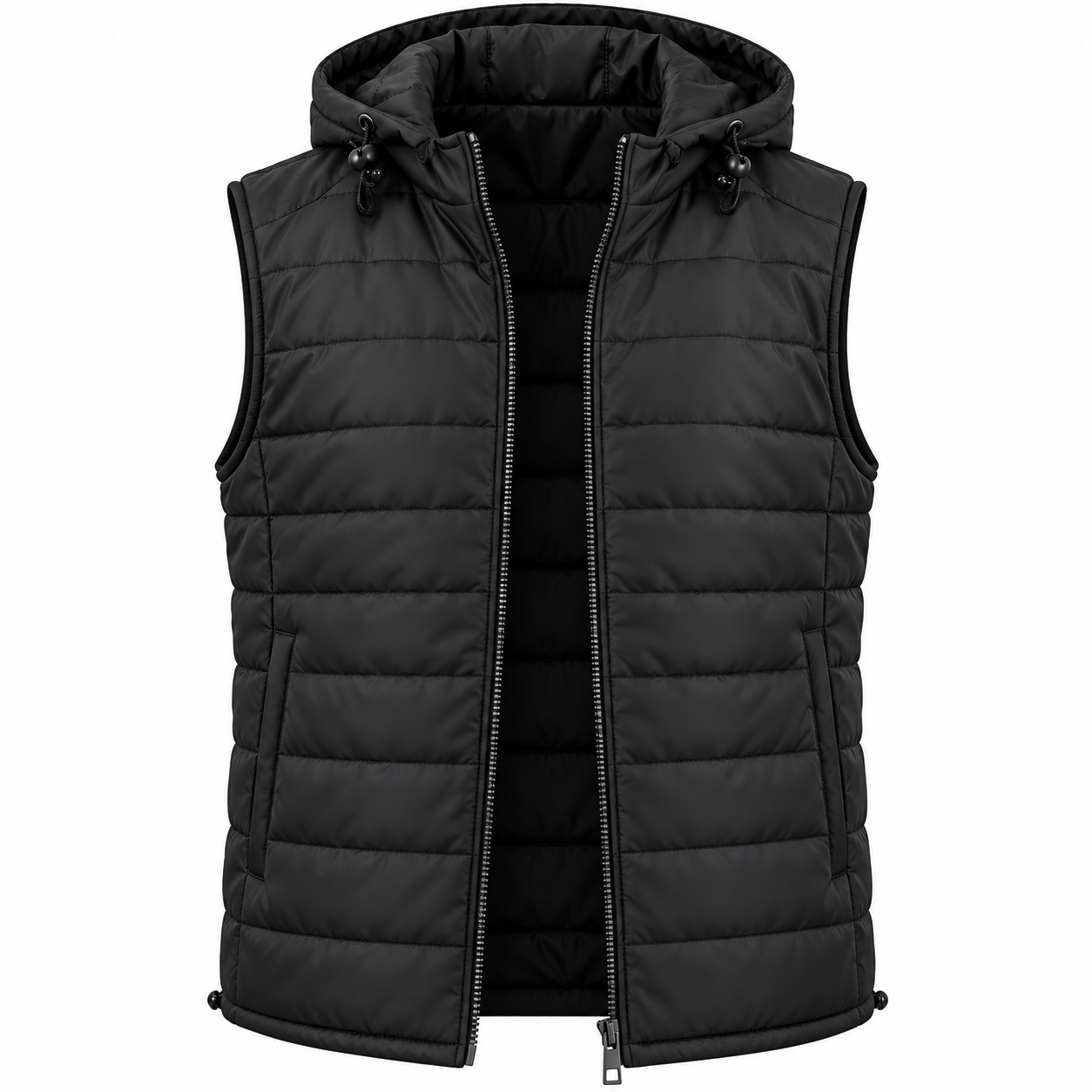 A black sleeveless puffer vest with a hood, front zipper, and horizontal quilting, shown against a plain white background.