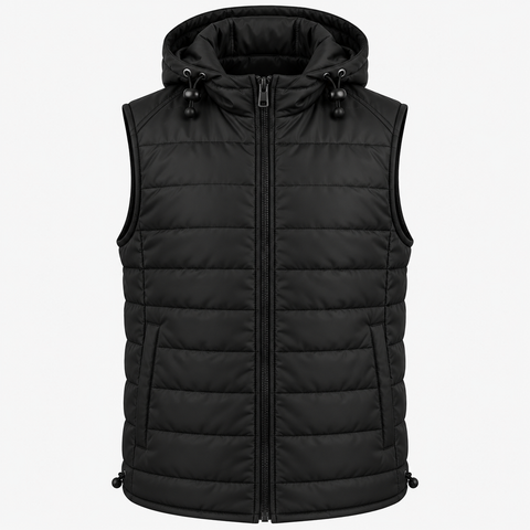 A black sleeveless puffer vest with a full front zipper, hood, and horizontal quilted stitching, shown against a plain white background.