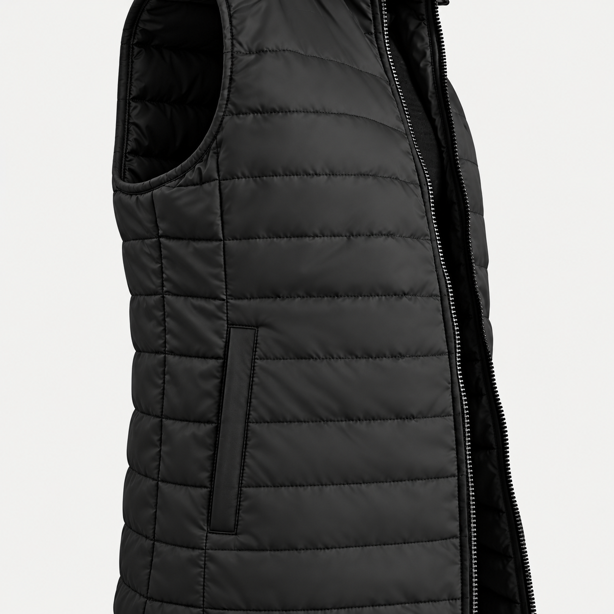 A close-up side view of a black quilted puffer vest with a front zipper, shown against a light gray background.