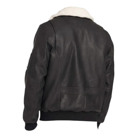 Black leather jacket with white fur lining on a white background