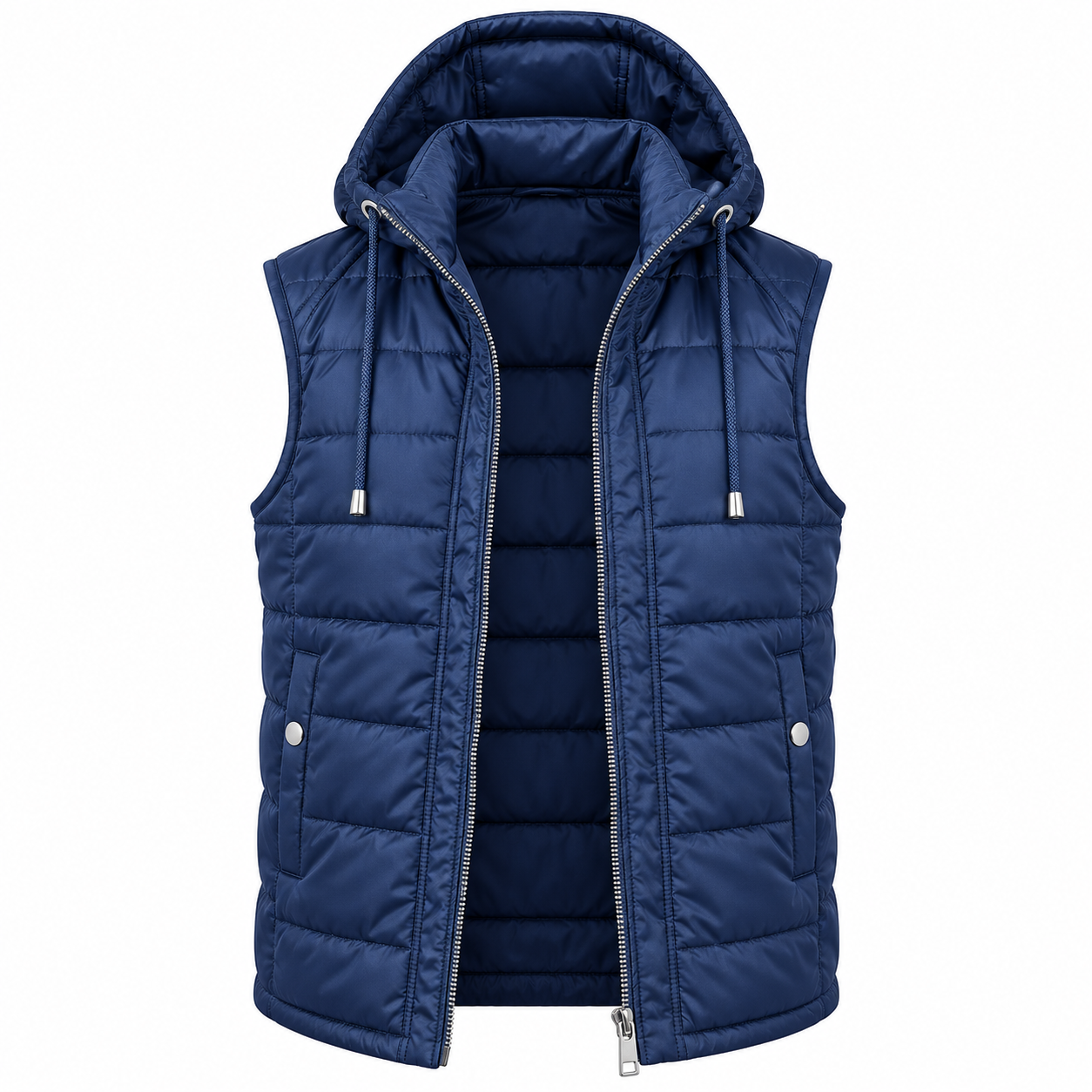 A navy blue hooded puffer vest with a front zipper and drawstrings, shown on a plain white background.
