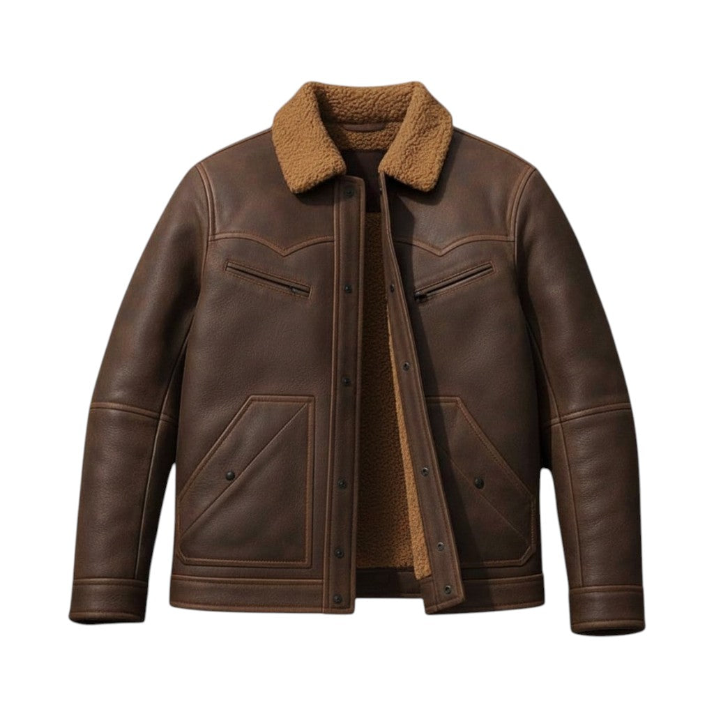 Brown leather jacket with brown shearling collar on a white background