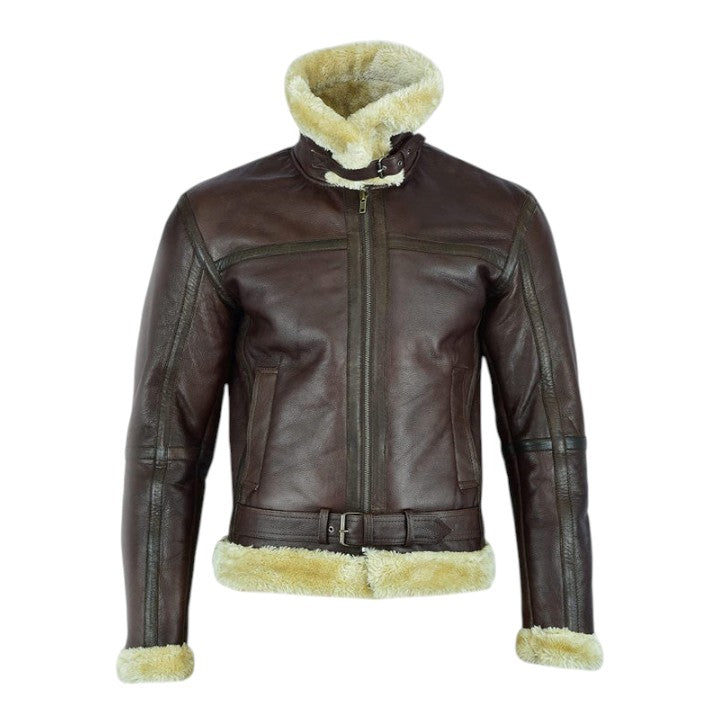 Brown leather jacket with beige fur lining on a white background