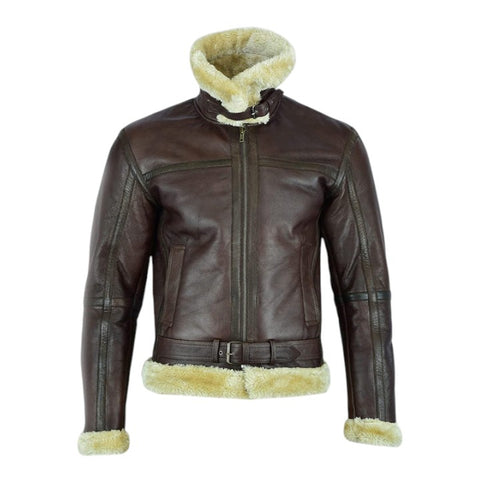 Brown leather jacket with beige fur lining on a white background