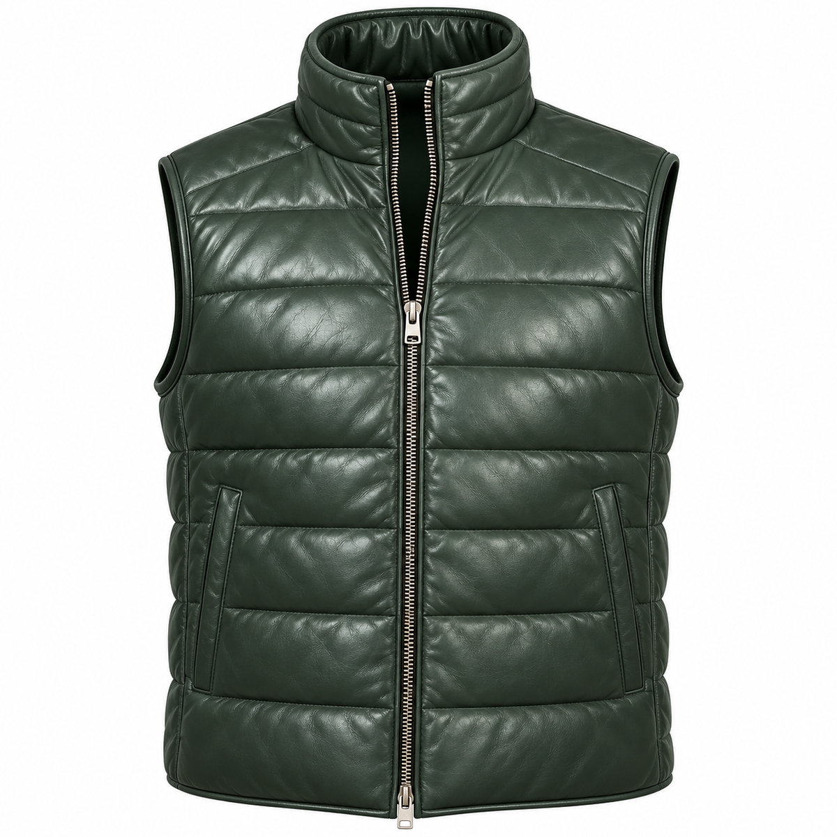 Men’s Green Sheepskin Leather Puffer Vest – Quilted Winter Vest