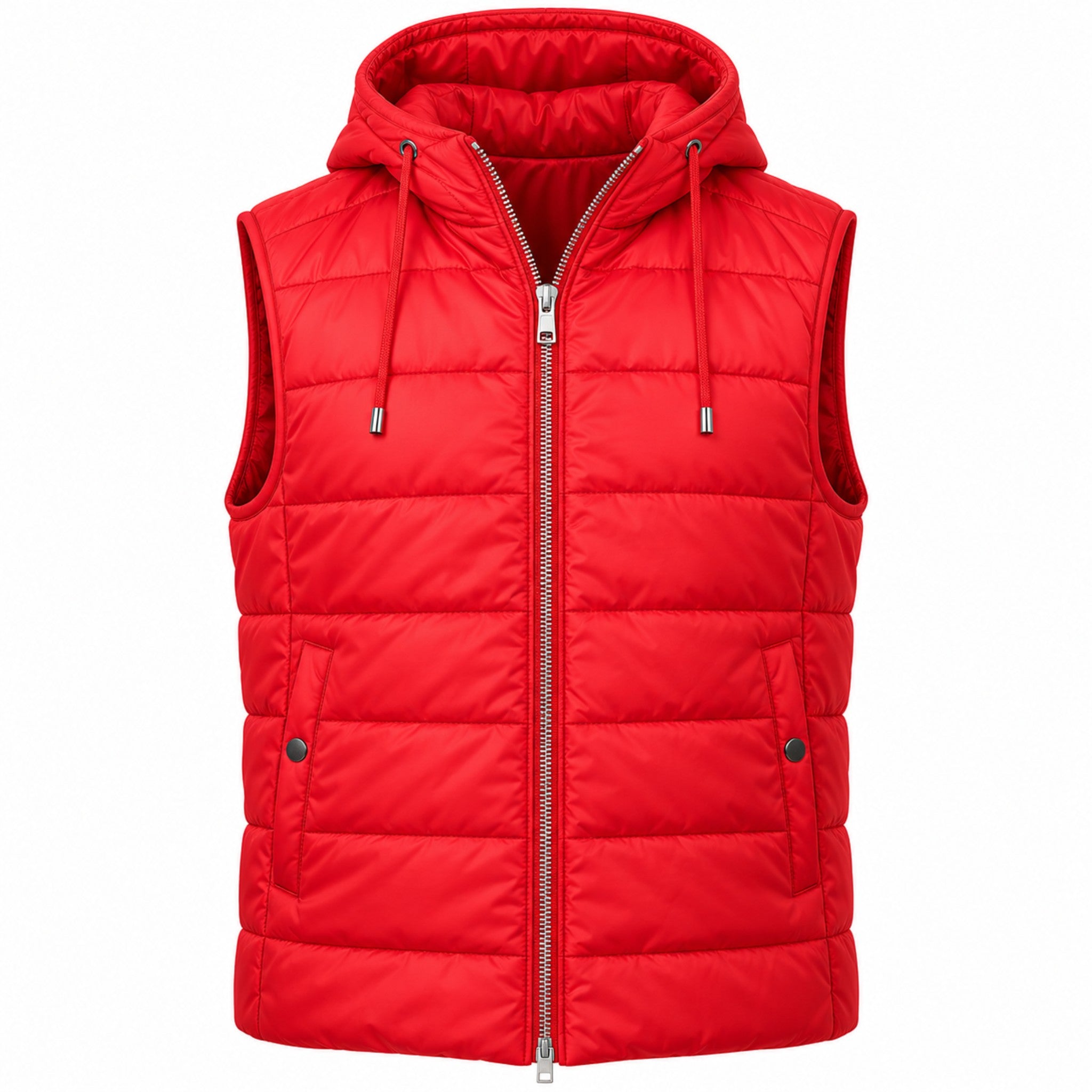 A bright red hooded puffer vest with a full front zipper, horizontal quilted stitching, and drawstrings, shown on a plain white background.