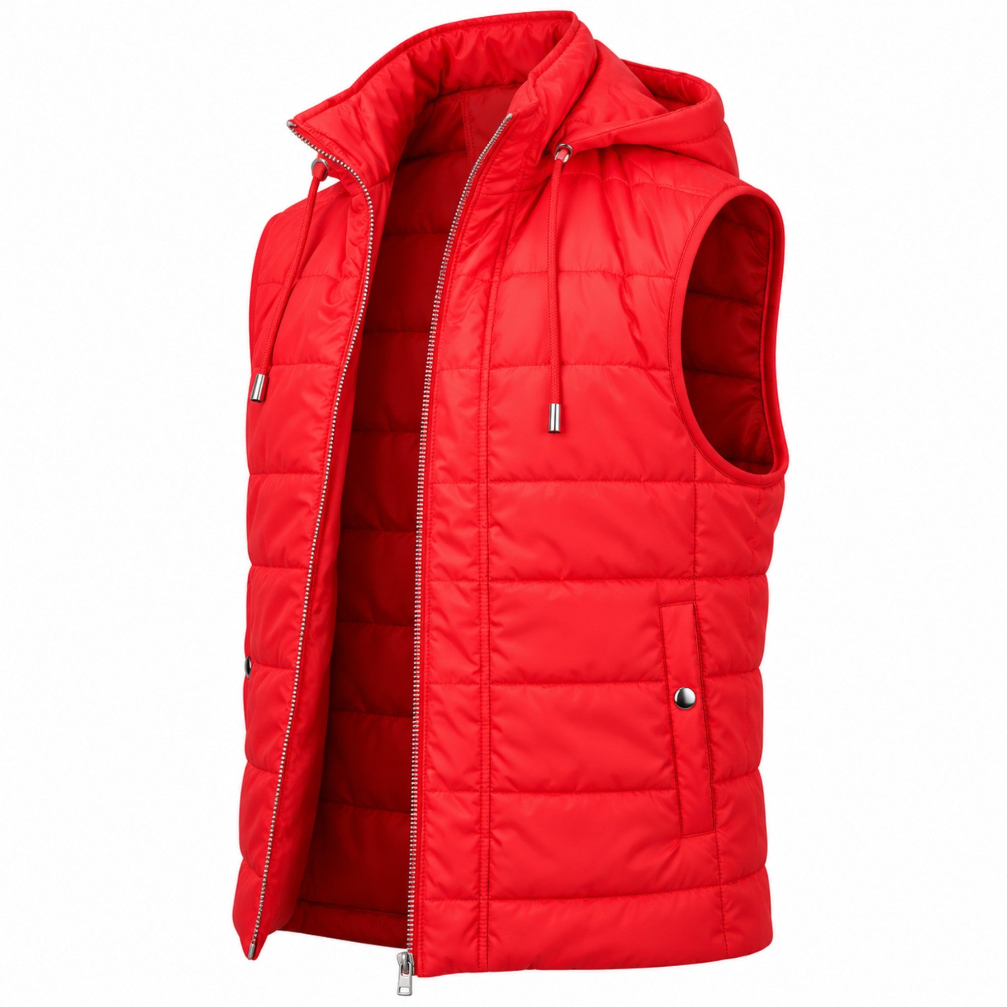 A bright red sleeveless puffer vest with a hood, shown on a clean white background. The vest features a full front zipper, drawstring hood, and zippered pockets.
