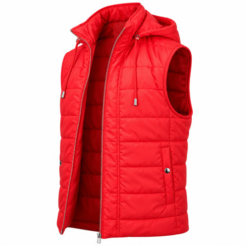 A bright red sleeveless puffer vest with a hood, shown on a clean white background. The vest features a full front zipper, drawstring hood, and zippered pockets.