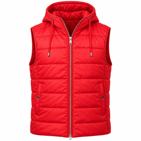 A bright red hooded puffer vest with a full front zipper, horizontal quilted stitching, and drawstrings, shown on a plain white background.