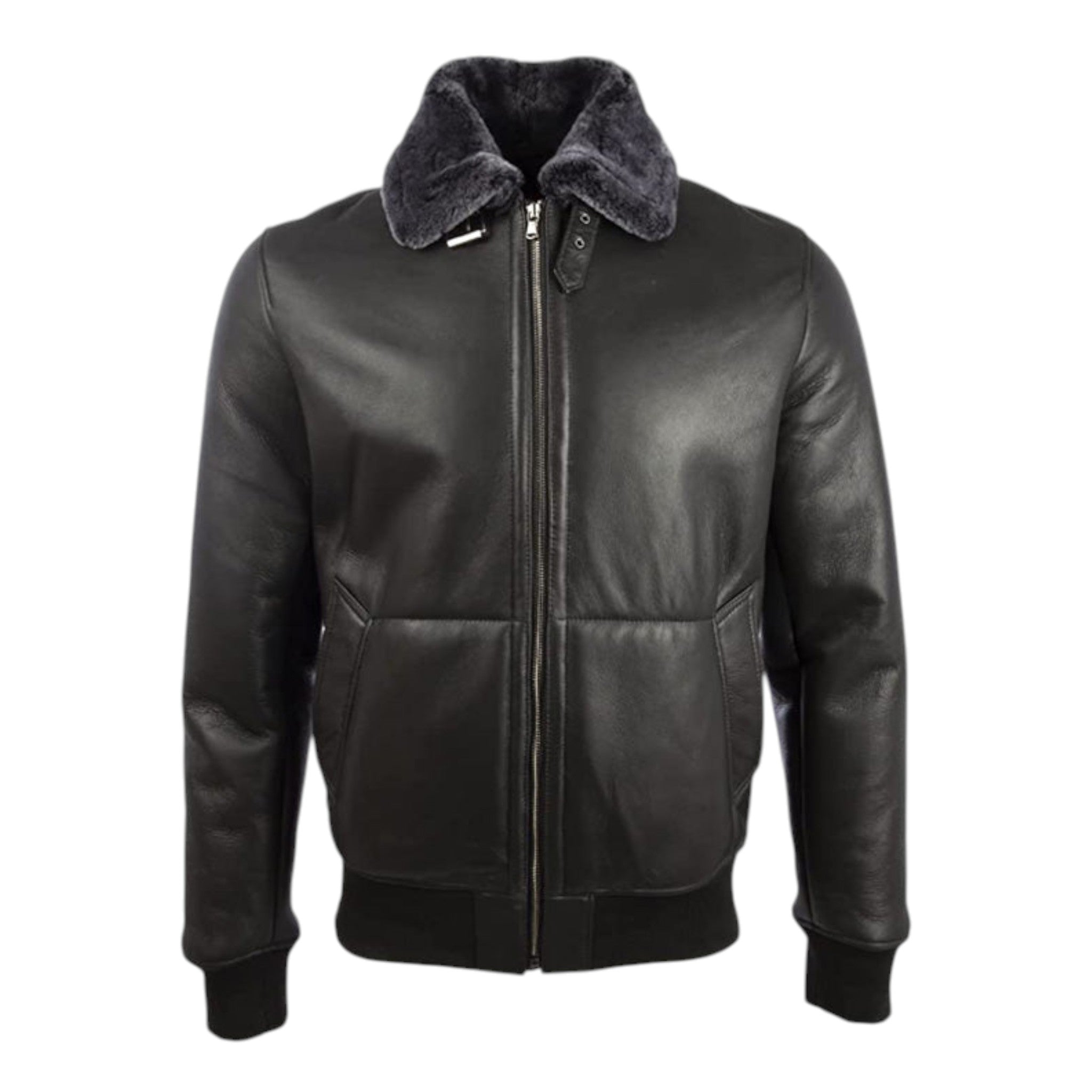 Black leather jacket with fur collar on a white background