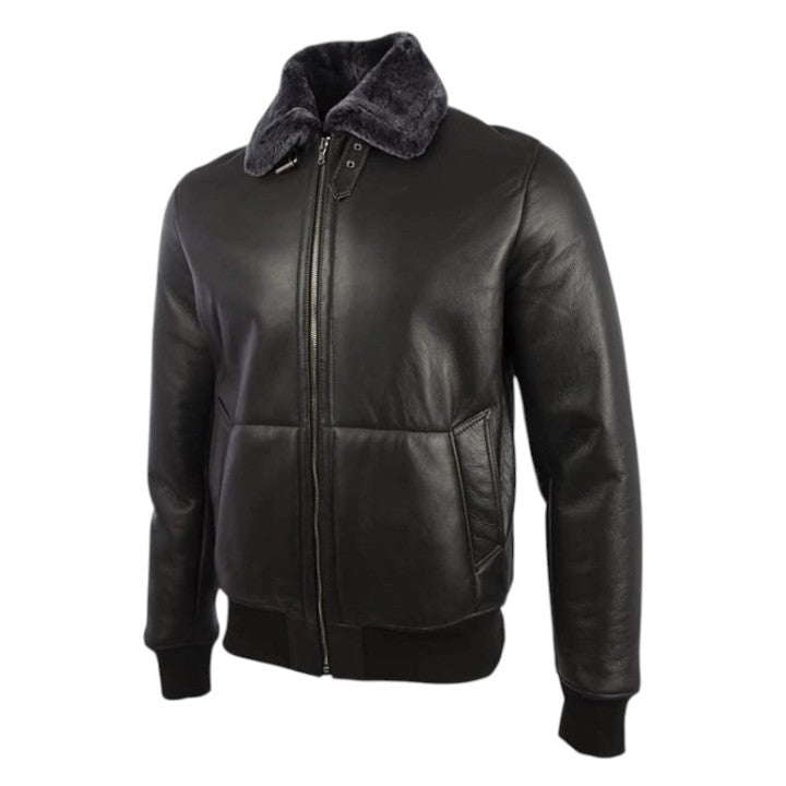 Black leather jacket with fur collar on a white background