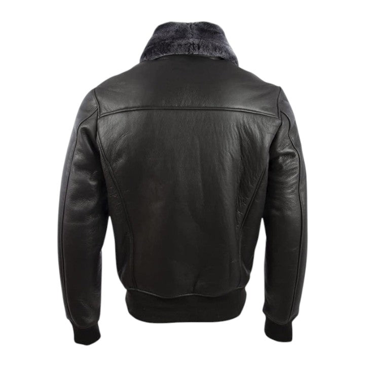 Black leather jacket with fur collar on a white background