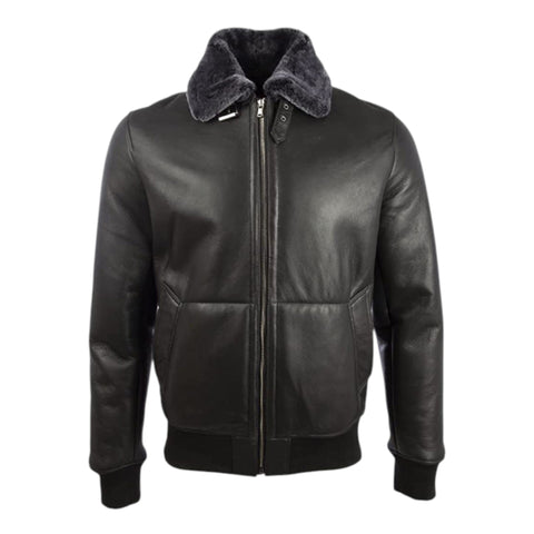 Black leather jacket with fur collar on a white background