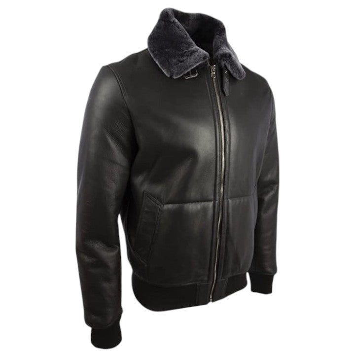 Black leather jacket with fur collar on a white background