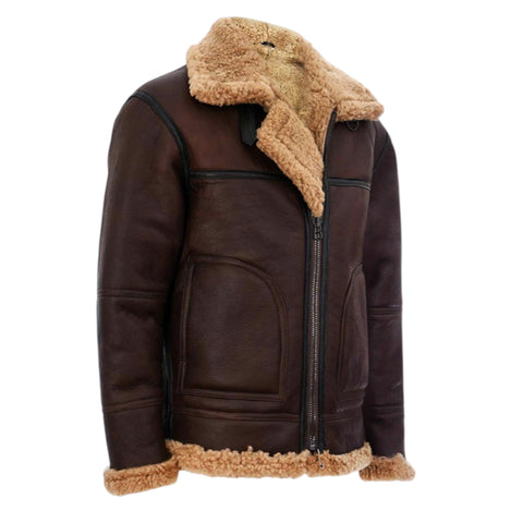 Brown leather jacket with beige fur lining on a white background