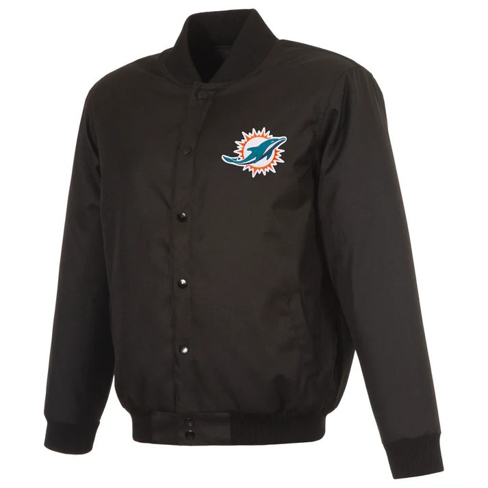 A black satin varsity jacket with a white and blue embroidered 'LA' logo on the chest, representing the Los Angeles Dodgers. The jacket features a snap-button front, ribbed collar, cuffs, and hem, and is displayed on a clean white background.