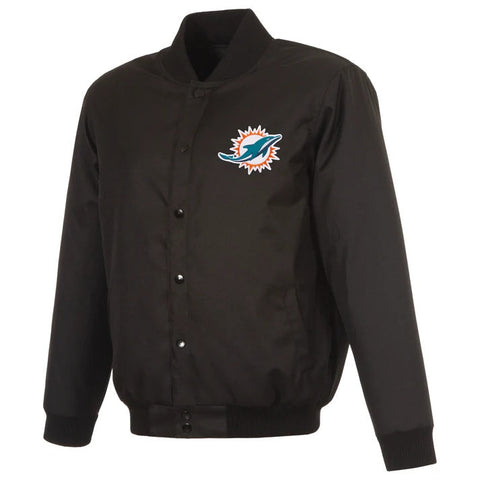 A black satin varsity jacket with a white and blue embroidered 'LA' logo on the chest, representing the Los Angeles Dodgers. The jacket features a snap-button front, ribbed collar, cuffs, and hem, and is displayed on a clean white background.