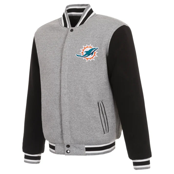 Gray and black varsity jacket with a sports team logo on a white background
