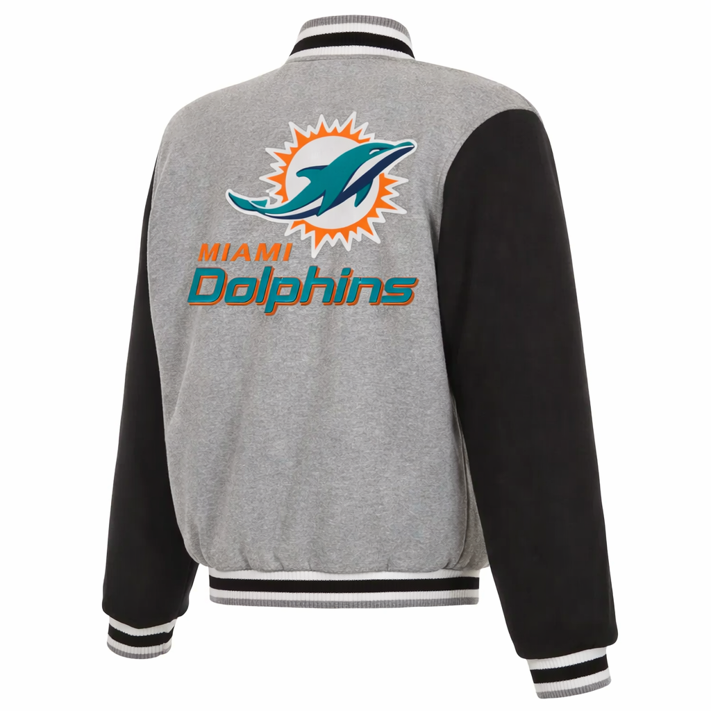 A gray and black Miami Dolphins varsity-style jacket shown from the back, featuring the team logo and 'Miami Dolphins' text printed on the back.
