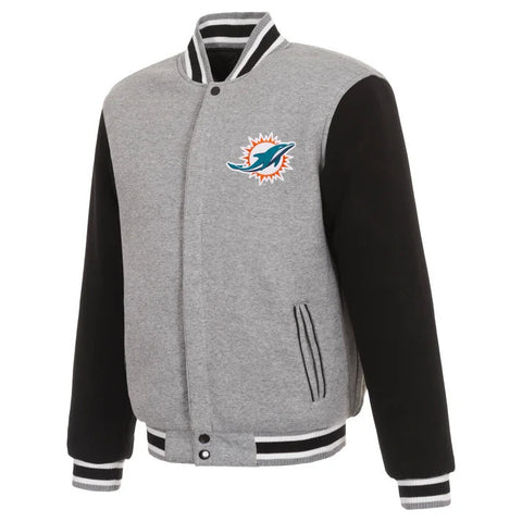 Gray and black varsity jacket with a sports team logo on a white background