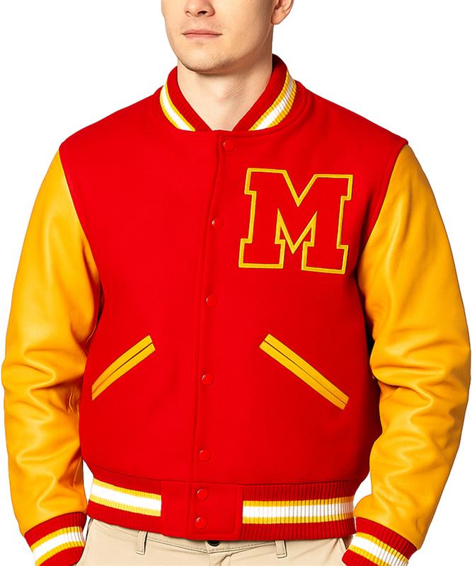 A red and yellow varsity jacket with a large yellow outlined letter 'M' on the chest, worn by a model against a white background.