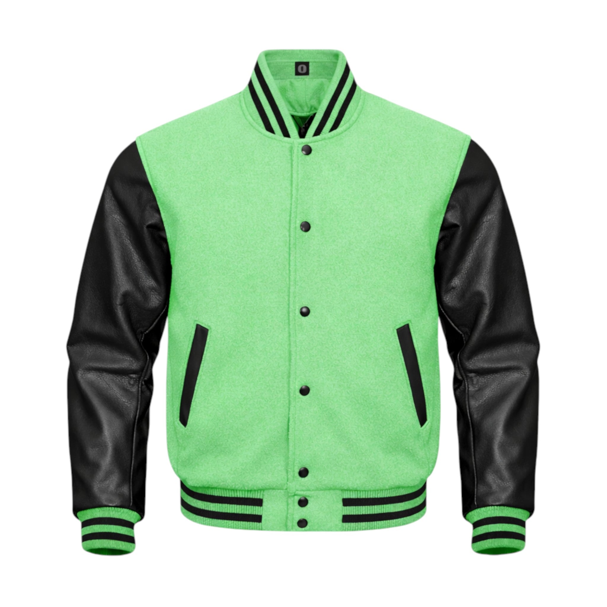 A Mint and black varsity jacket with a brown suede-like body, black leather sleeves, and black ribbed trim on the collar, cuffs, and hem.