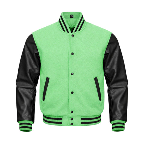A Mint and black varsity jacket with a brown suede-like body, black leather sleeves, and black ribbed trim on the collar, cuffs, and hem.