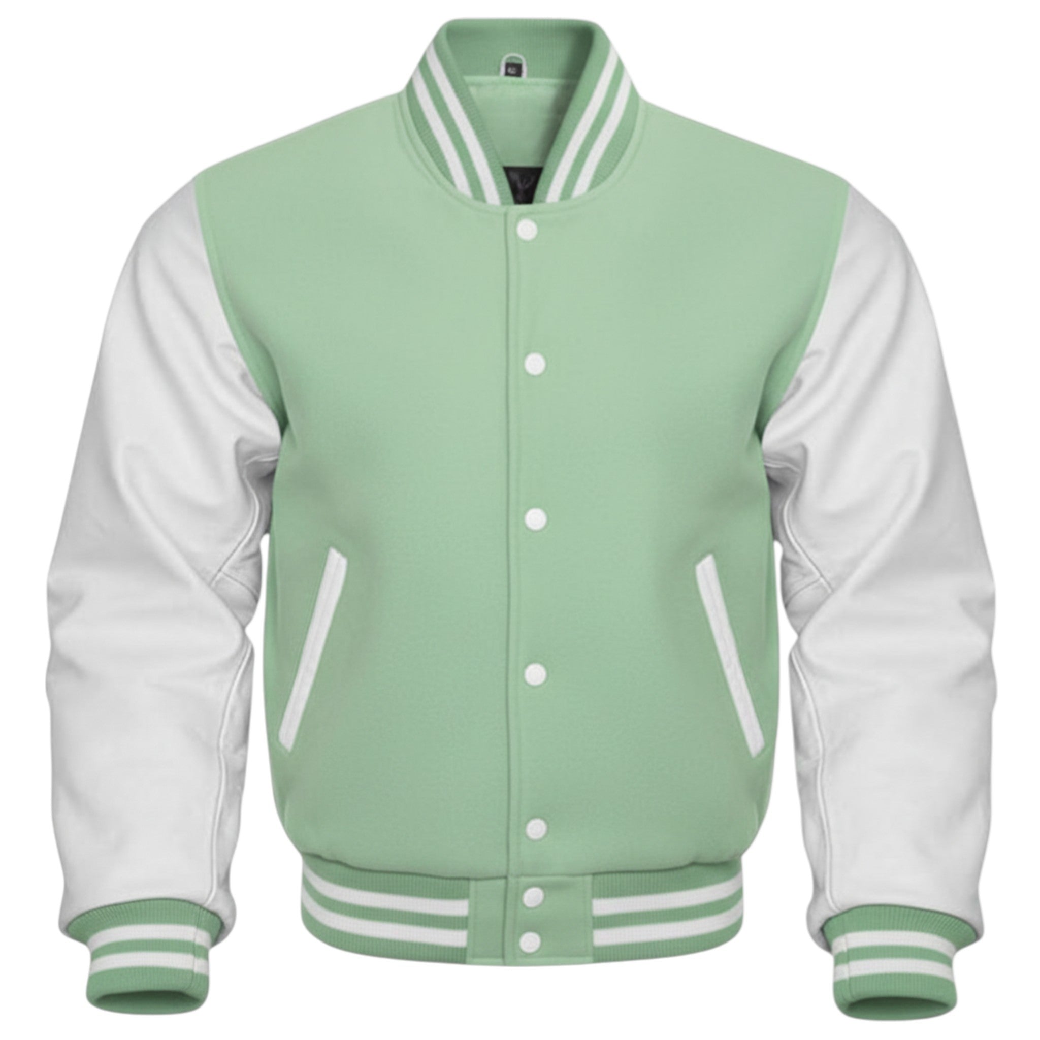 Mint and white varsity jacket on a white background