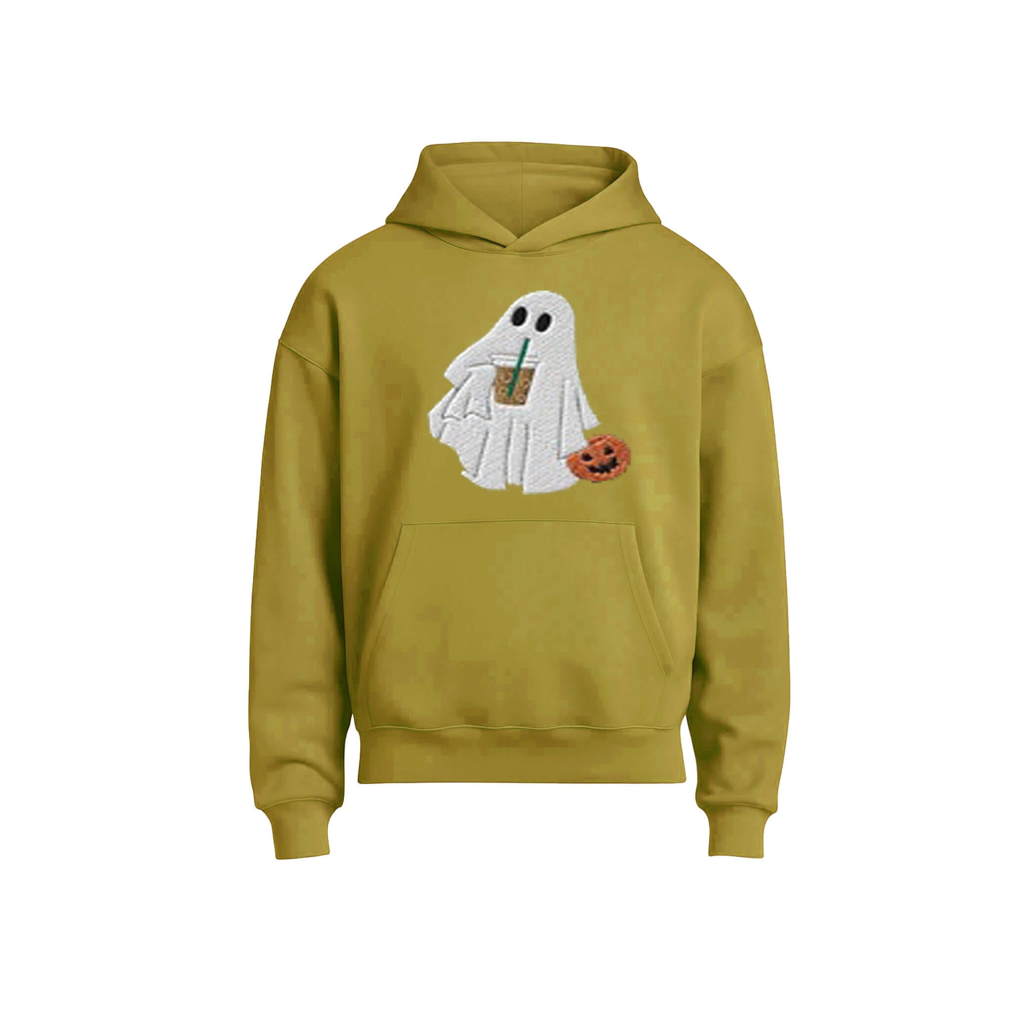 A mustard yellow pullover hoodie featuring a graphic of a white ghost holding a pumpkin and a drink, displayed on a clean white background.