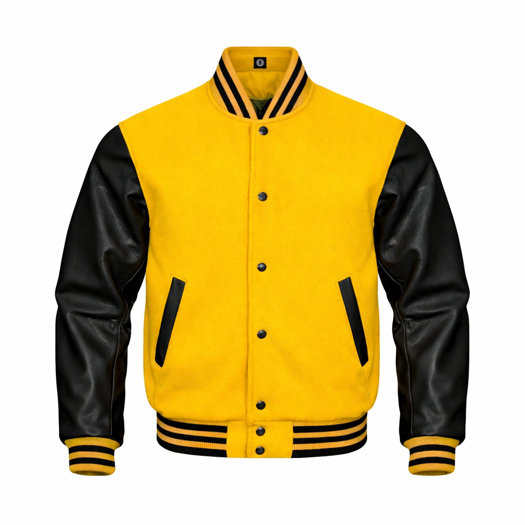 A varsity-style jacket with a Mustard body and black leather sleeves, featuring black and yellow striped ribbing on the collar, cuffs, and hem, and black snap-button closure.