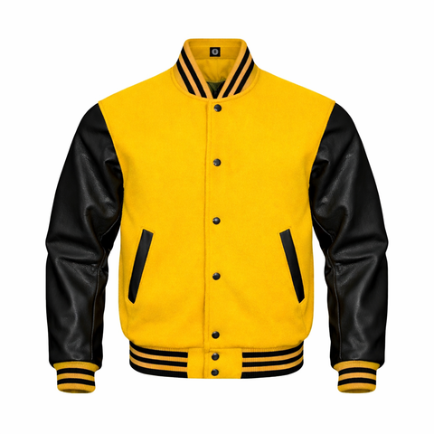 A varsity-style jacket with a Mustard body and black leather sleeves, featuring black and yellow striped ribbing on the collar, cuffs, and hem, and black snap-button closure.