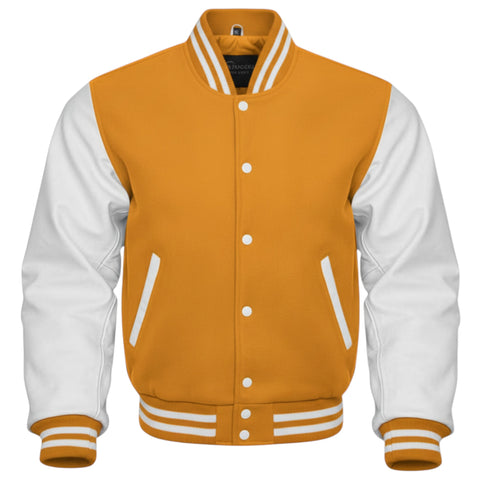 Mustard and white varsity jacket on a white background