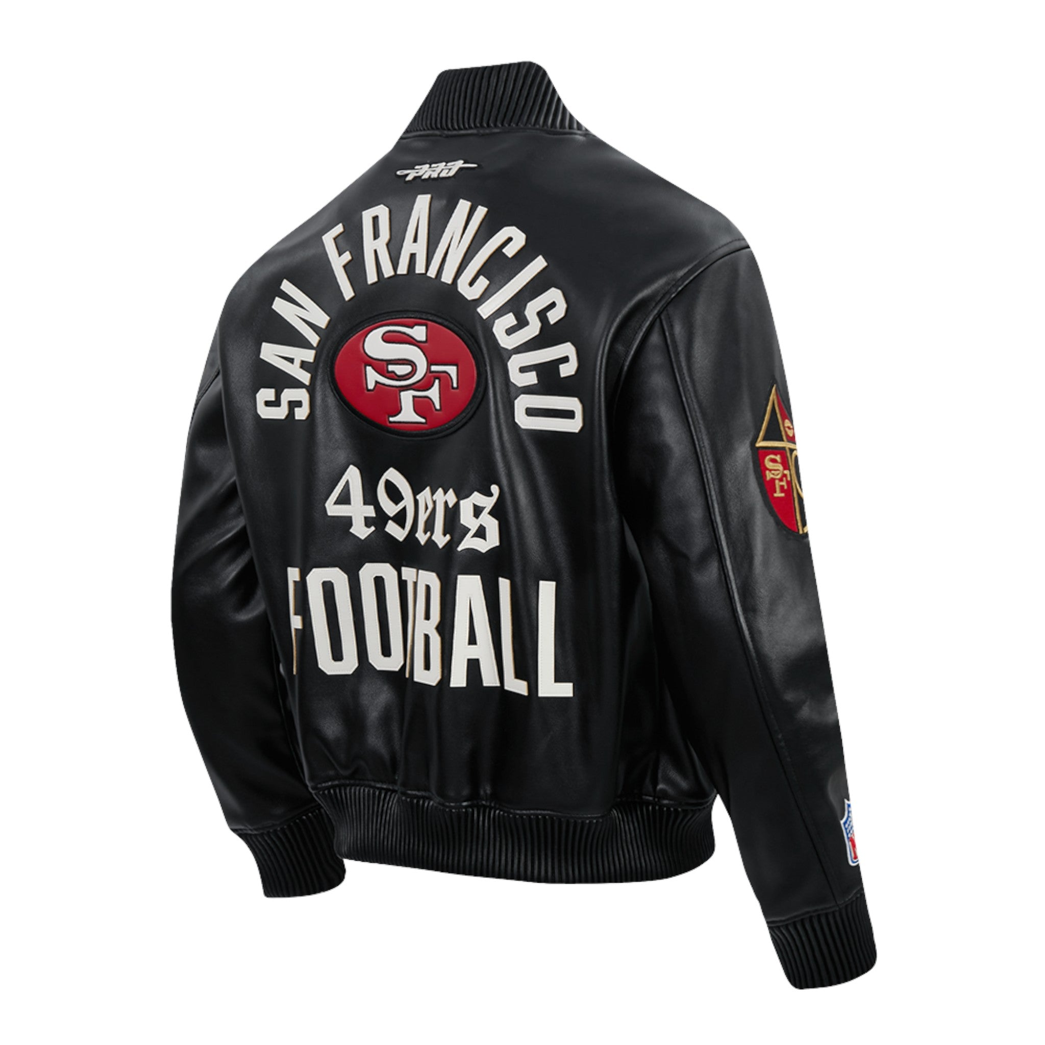Black jacket with 'San Francisco 49ers' text and logo on a white background