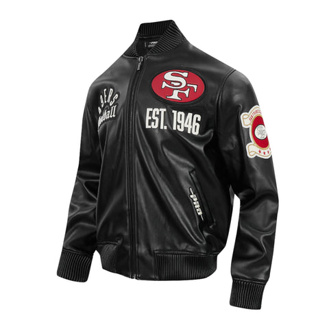 Black leather jacket with sports team logos on a white background