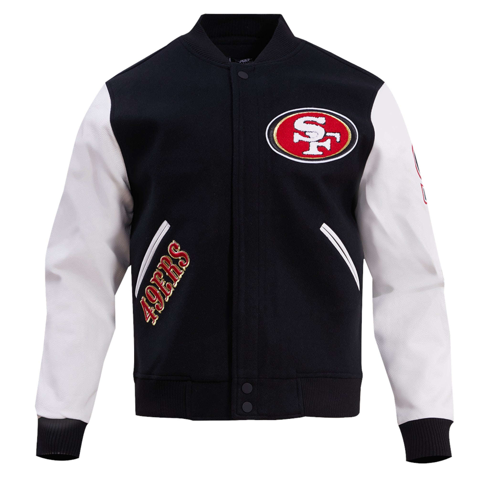 Black and white varsity jacket with San Francisco 49ers logo on a white background