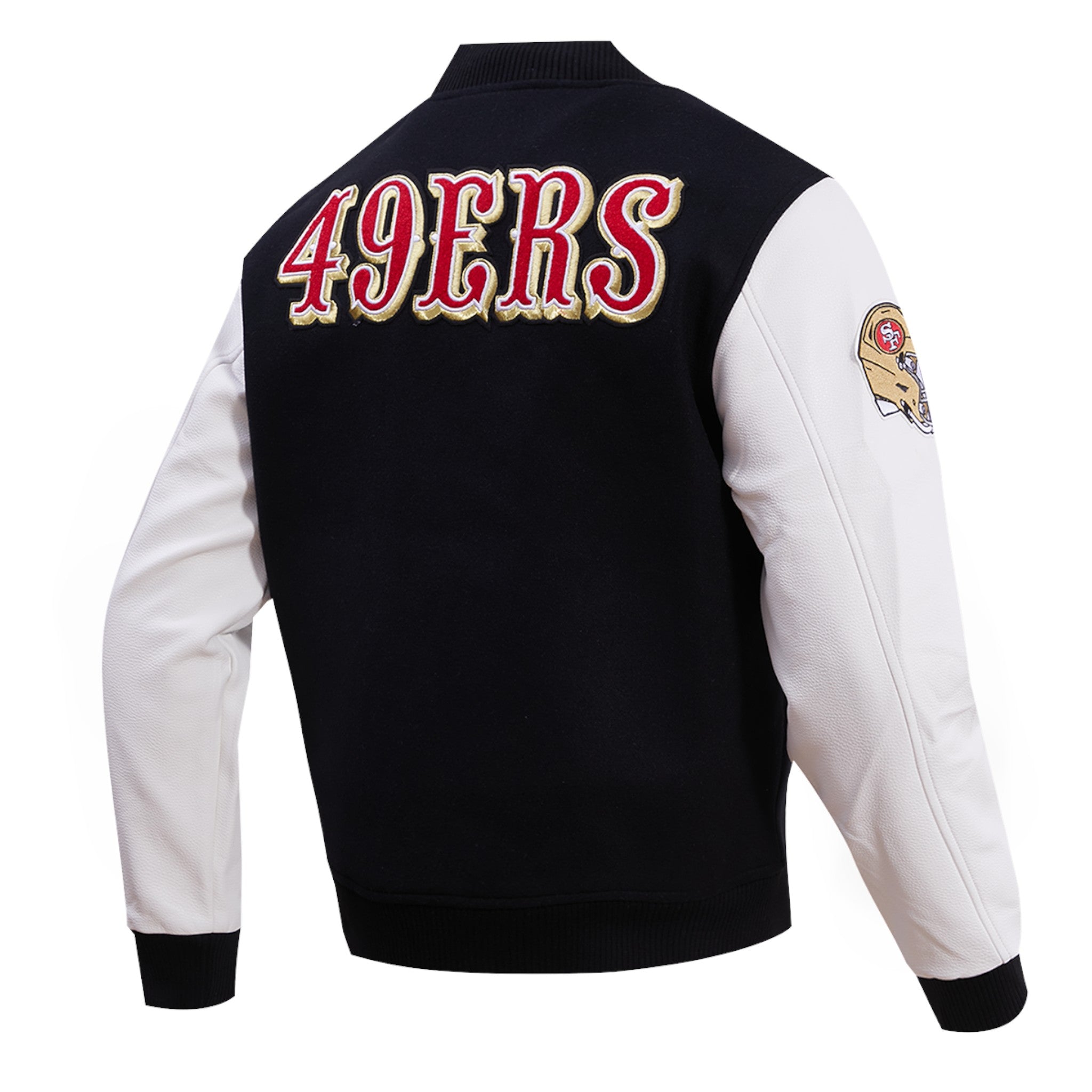 Black and white jacket with '49ERS' text on the back, displayed against a white background.