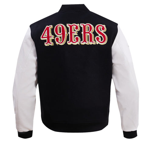 Black and white varsity jacket with '49ers' text on the back, on a white background