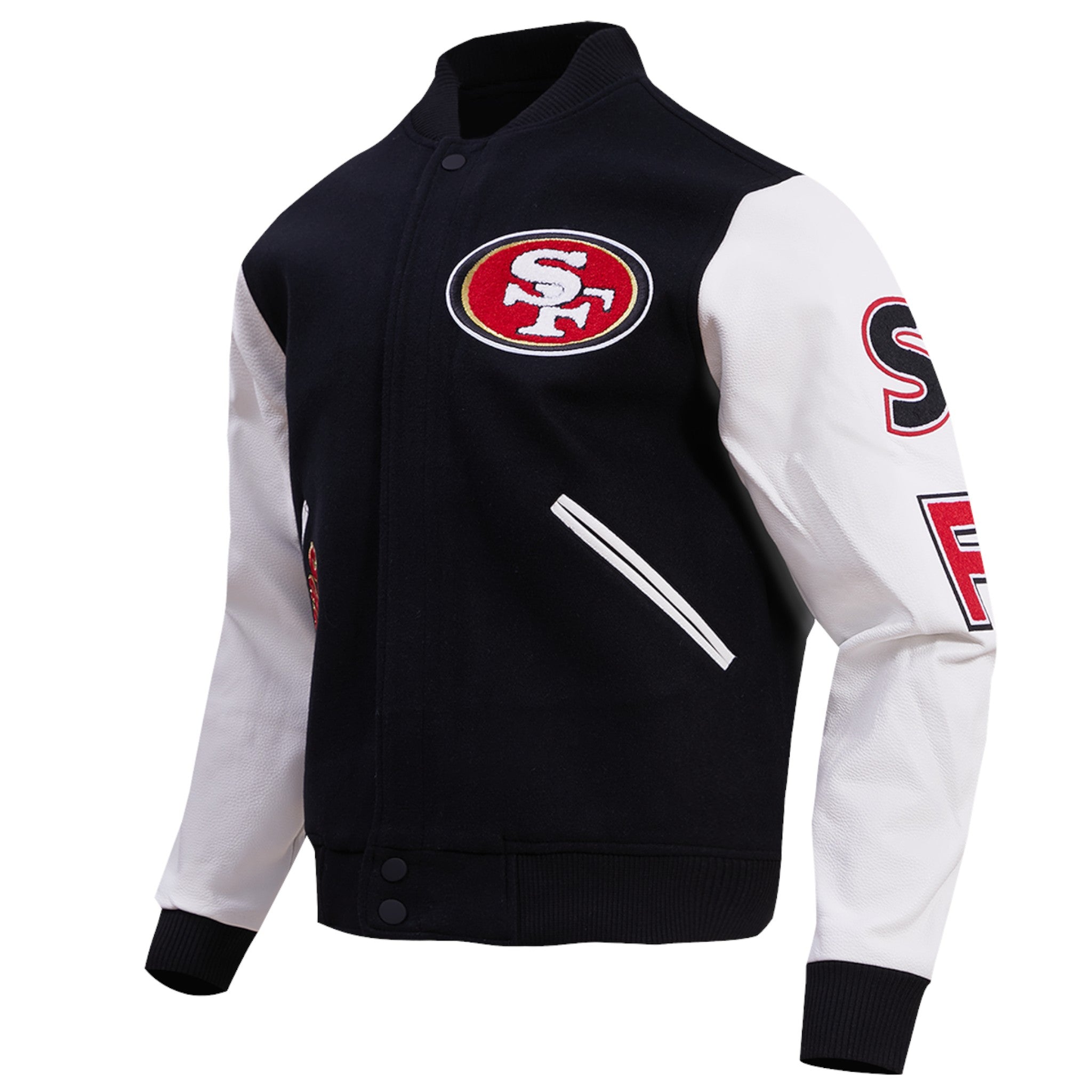 Black and white jacket with San Francisco 49ers logo on a white background