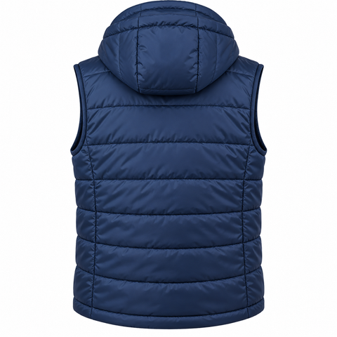 A navy blue hooded puffer vest shown from the back, featuring horizontal quilting and a sleeveless design, set against a plain white background.